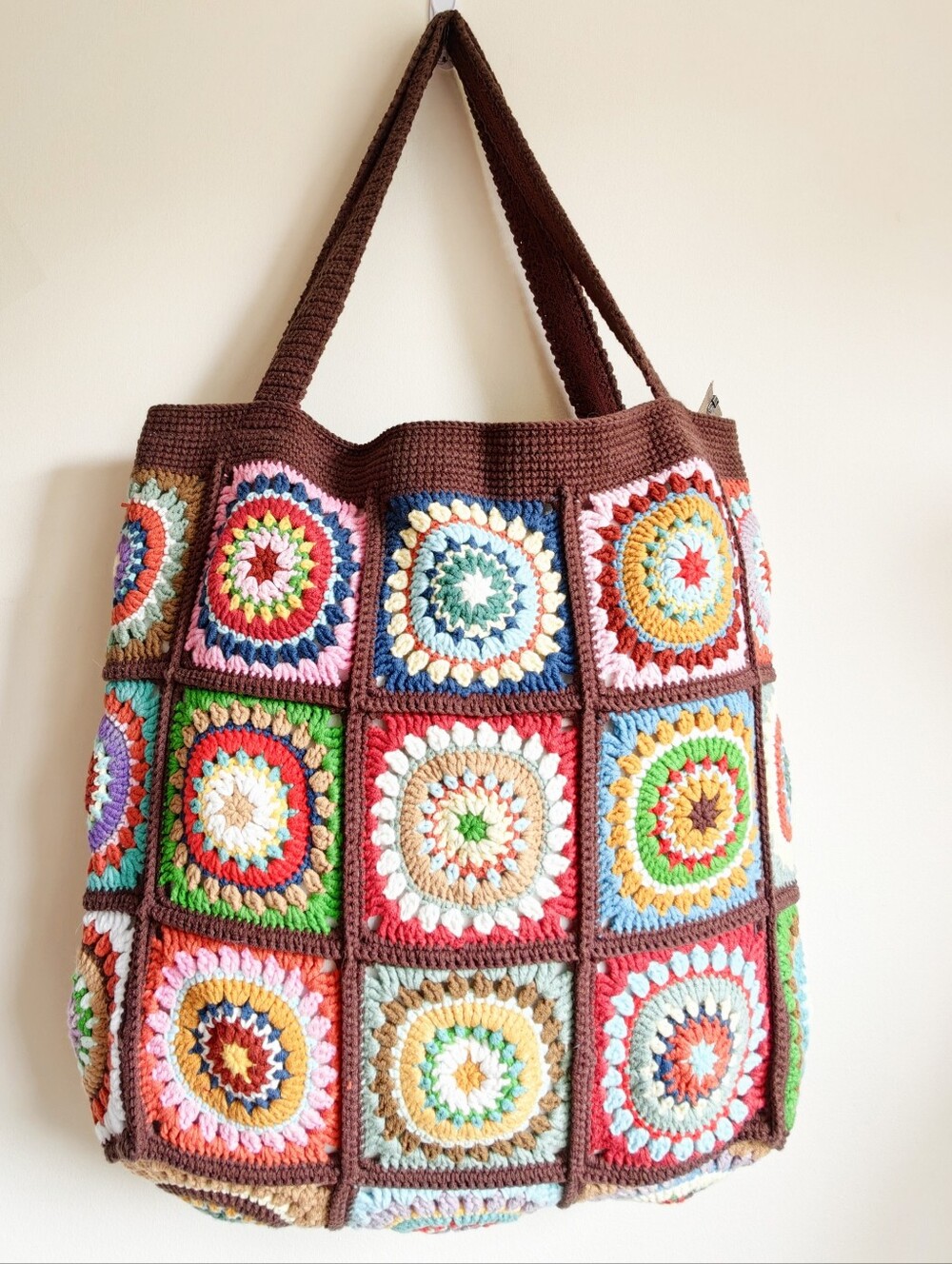 Handmade Crochet Granny Square Tote, Boho Sloychy Shoulder Bag, Market Purse